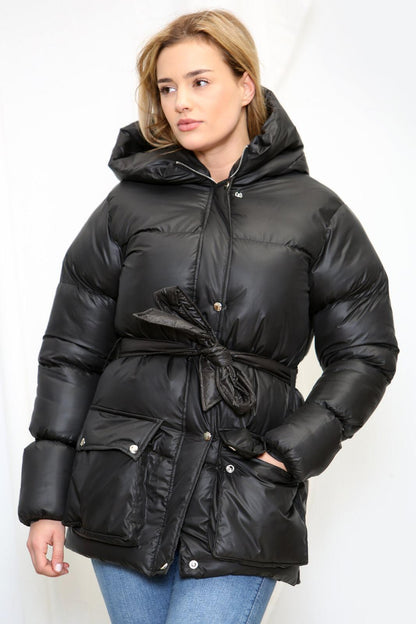 Womens Ladies Quilted Padded Winter Jacket Belt Puffer Zip Thick Warm Coat XS-XL