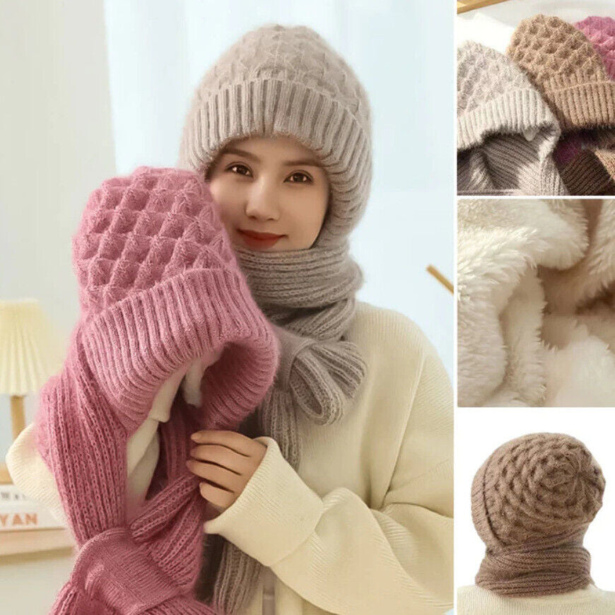 Integrated Ear Protection Windproof Cap Scarf Knitting Thickening Hat Winter UK