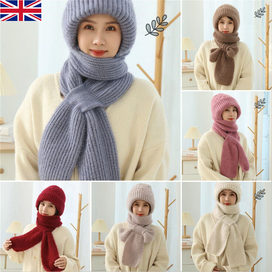 Integrated Ear Protection Windproof Cap Scarf Knitting Thickening Hat Winter UK