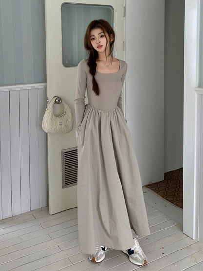 French Hepburn Style Long Sleeve Square-neck Base Dress